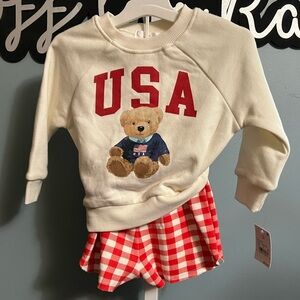 Cream USA Bear Sweatshirt with Red Gingham Shorts NWT 18 months